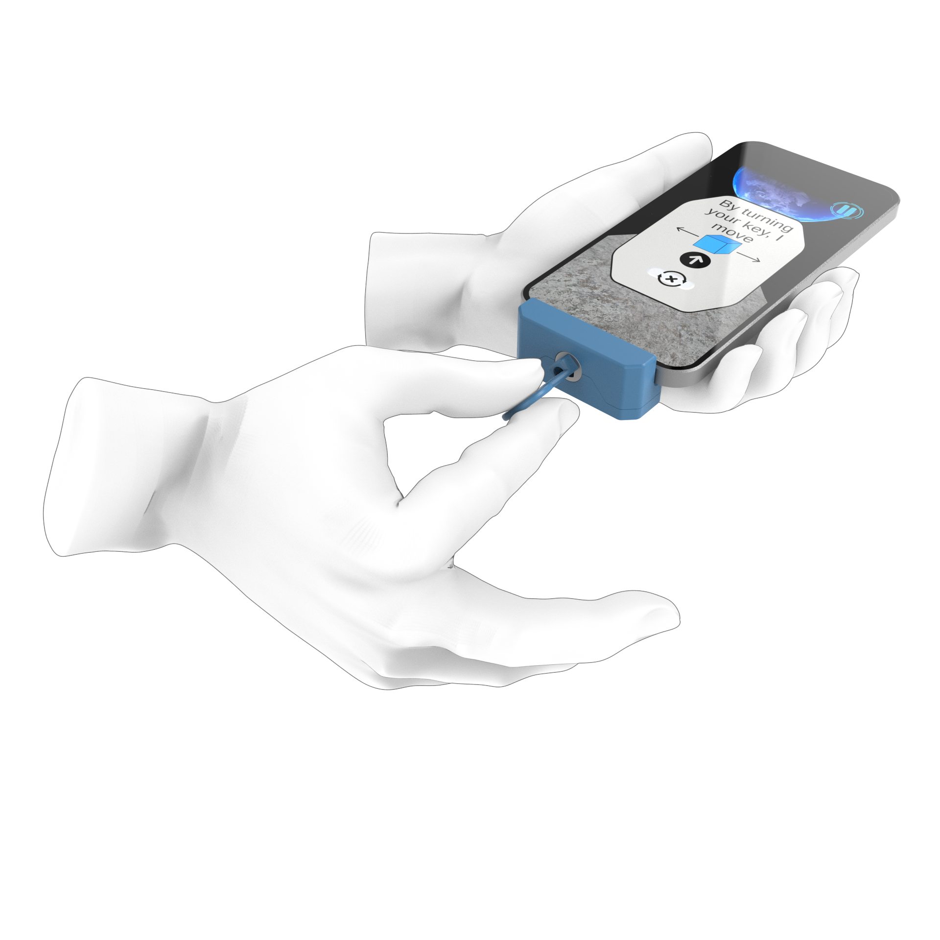 ReCover diagnostic device attached to a smartphone, activated by a turning key